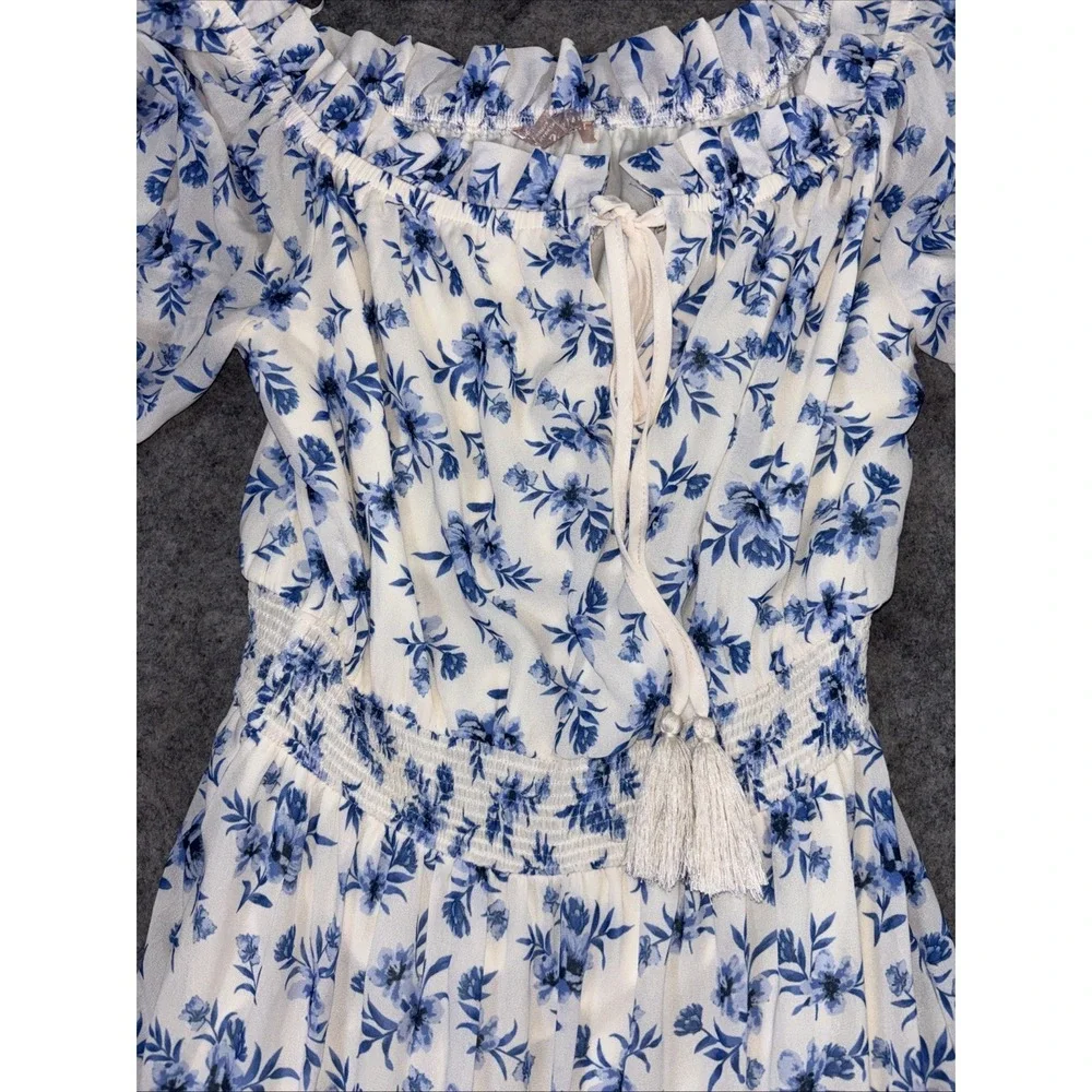 Love Colette Maxi Dress Women's Small Blue Floral Ruffle Elastic Waist Fairycore